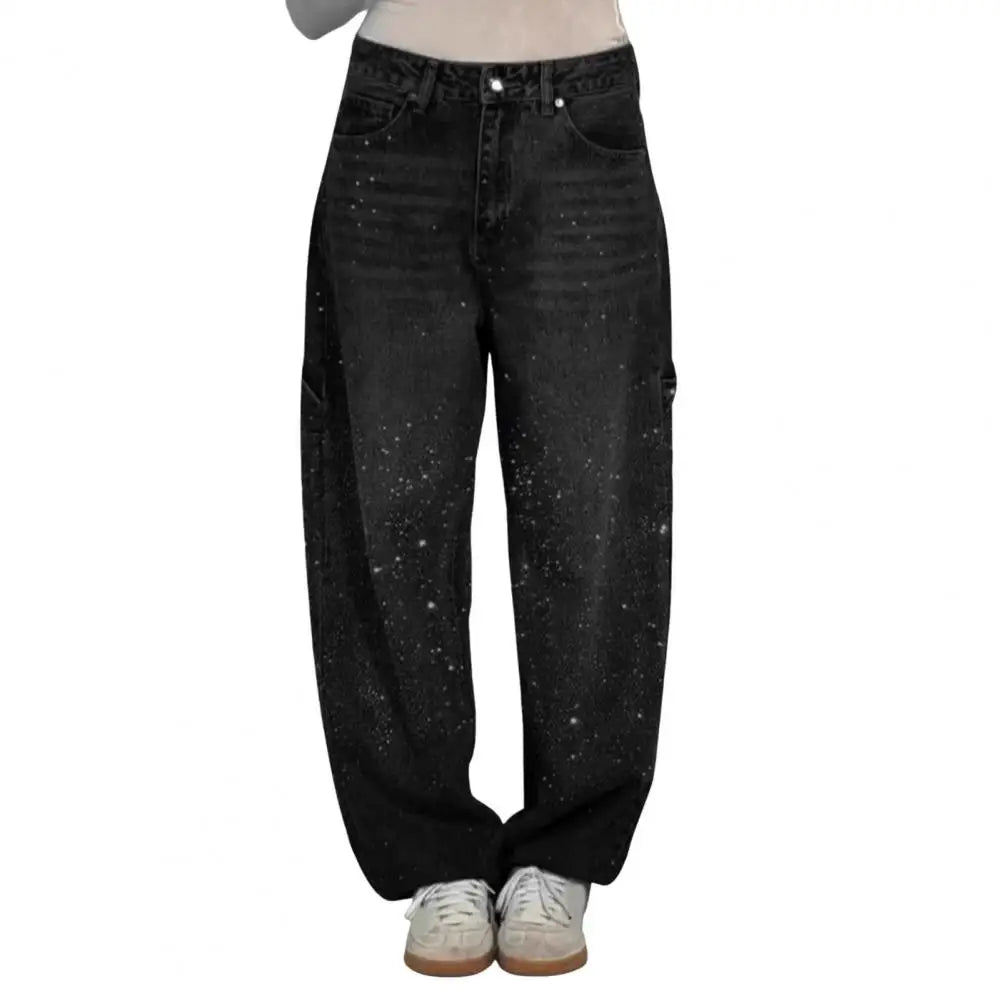 Women's Straight Leg Denim Pants High Waisted Baggy Wide Leg Bling Jeans Casual Sparkly Harem Jeans for Streetwear