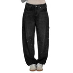 Women's Straight Leg Denim Pants High Waisted Baggy Wide Leg Bling Jeans Casual Sparkly Harem Jeans for Streetwear