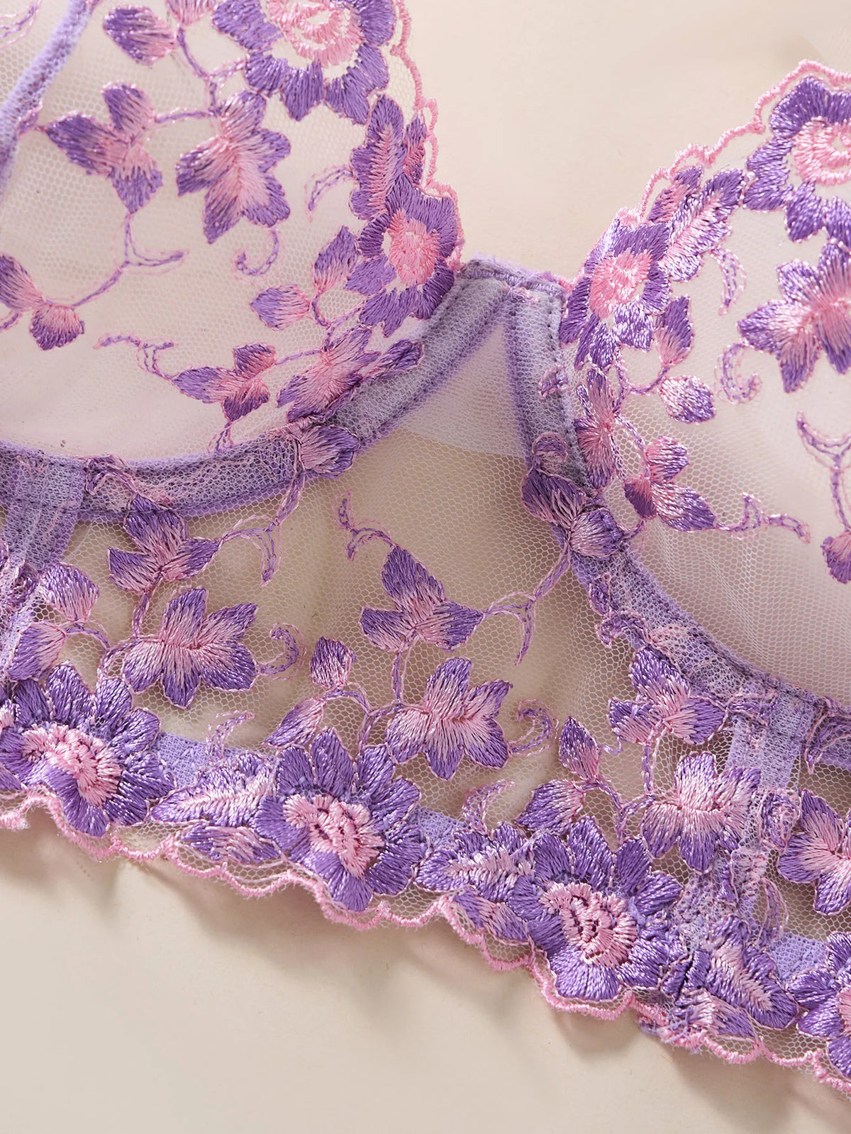 French-style purple lace embroidered lingerie set - Sexy see-through chiffon long bra and thong set for two pieces ZA25246