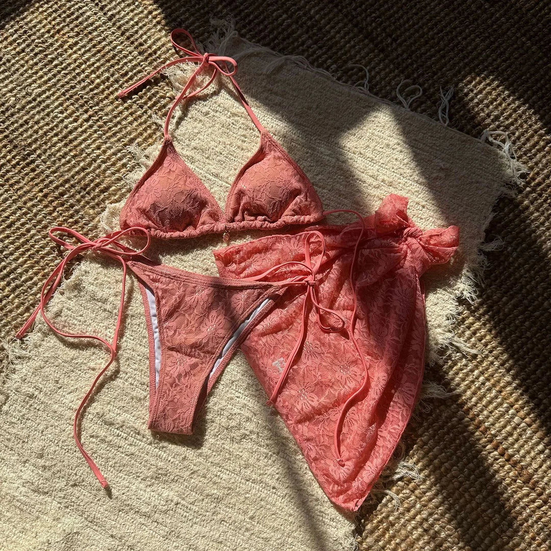 Mesh Sarong Lace Halter High Cut Bikini Female Swimsuit Women Swimwear Three-Pieces Bikini Set Bather Bathing Suit Swim V6284