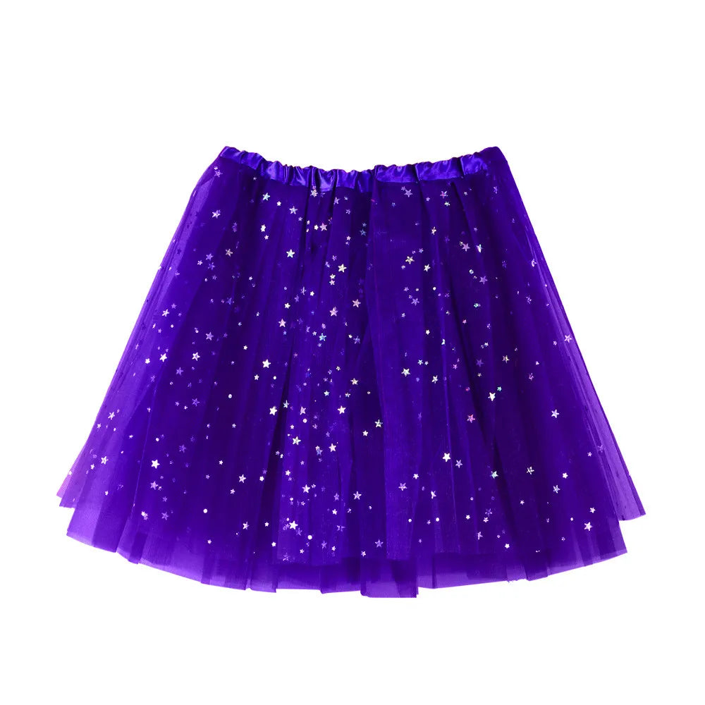 Womens Summer New Tulle Tutu Skirt Elastic Waist Silver Star Print Layered Mesh Mini Skirt Fluffy Carnival Party Dance Skirts