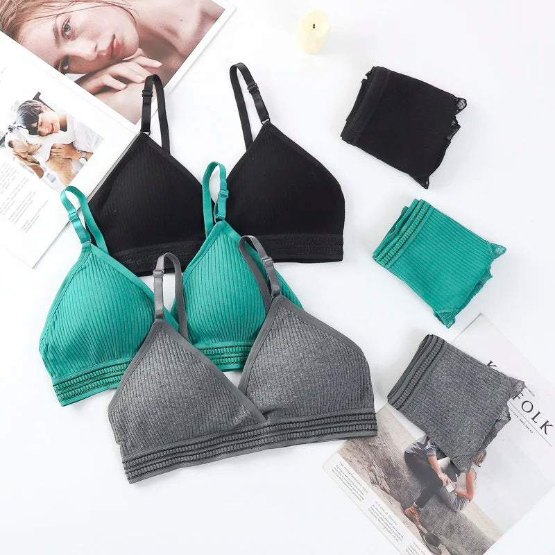Women Padded Bra And Panties Set Low Waist Briefs Wire Free Bra Female Solid Color Underwear Sexy Lingerie Set One Size