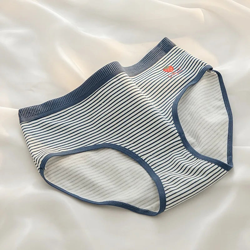 1-Pack Cute Strawberry Print Cotton Panties Sweet Striped Accents Women Low-Rise Underwear Breathable Soft Lingerie M-XL