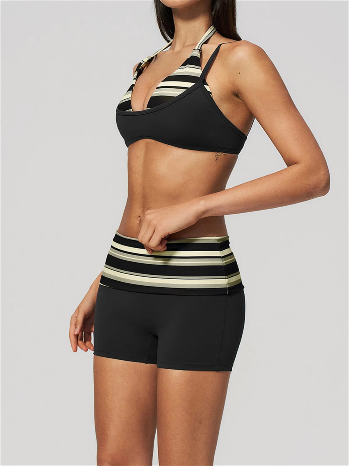 Breathable Striped Patchwork Yoga Clothing Women Fake Two-piece Sports Bra Folding High Waist Shorts Gym Running Fitness Suit