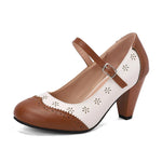 2026 Plus Size 48 Vintage Brown 7.5cm High Heels Mary Janes Pumps Retro Comfy Walk Summer Pink Office Lady Brogue Shoes Women