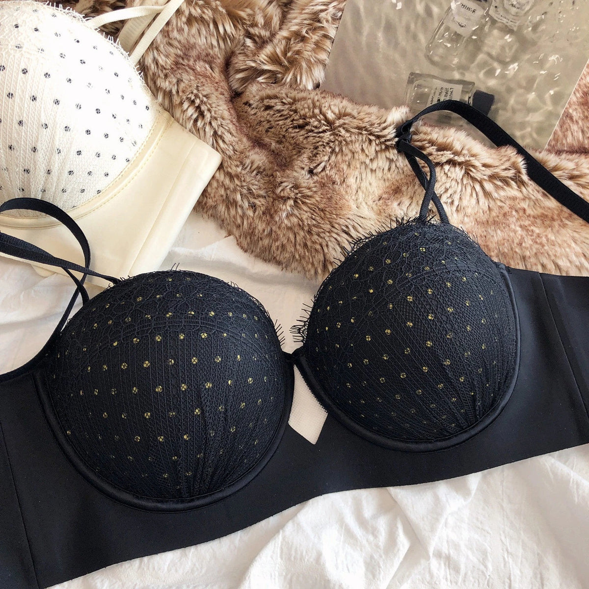 Sexy Half Cup Push Up Bra Women Lace Embroidery Underwear French Dot Hollow Thicken Bras Ladies Detachable Strap Lingerie