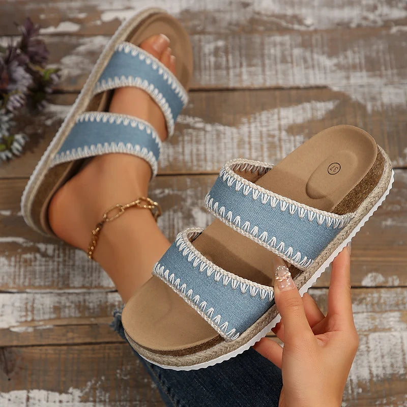 Bohemian Style Platform Slippers Women Plus Size 43 Embroidery Denim Thick Bottom Sandals Woman Open Toe Non Slip Summer Sandles