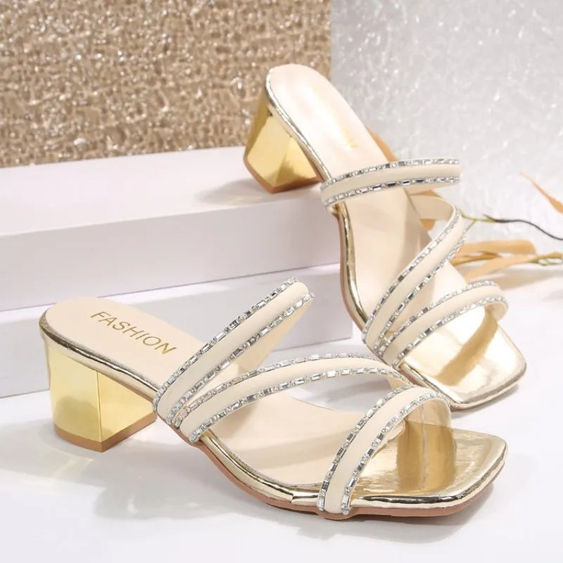 Rhinestone Sandals Women's Shoes 2026 Summer Trend Fashion Square Toe Crystal Heel Slippers Simple Shiny Vacation With Skirt