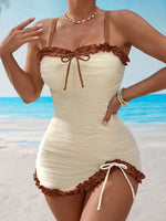 Vintage Beige Patchwork Two Piece Swimsuit 2026 Women Front Tie Lace Push Up Dress High Waist Bikini Set Bathing Suit Swimwear