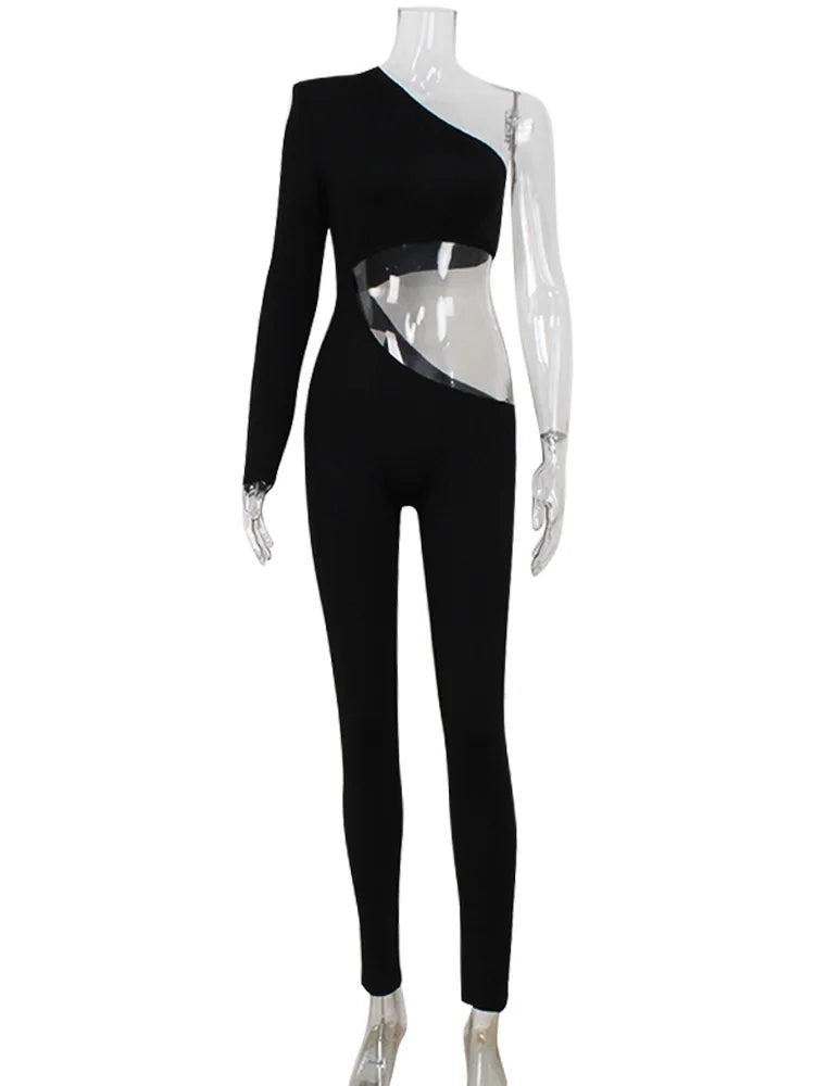 Ahagaga Sexy Club Women's Jumpsuits Single Sleeves Solid Skinny Hollow Out Long Pancil Pants Streetwear Causal Female Rompers