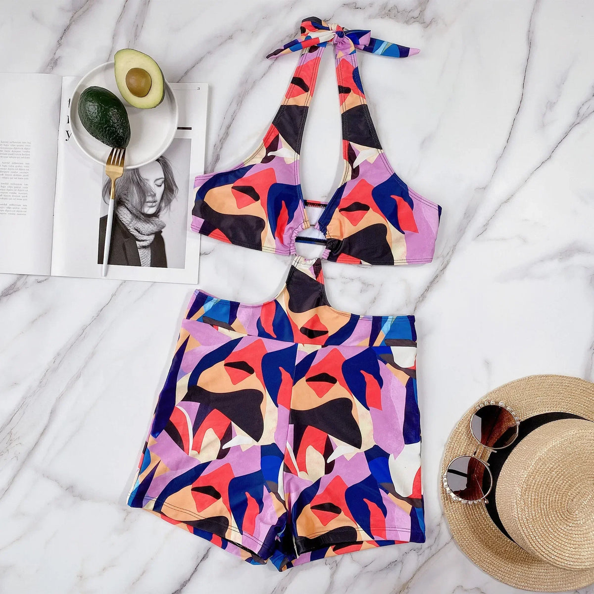 2 Colors Sexy One Piece Swimsuit Swimwear Women Black Leopard Colorful Print High Waist Halter Bathing Suit Beachwear Metal Hoop
