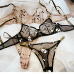 Women Mesh Underwear Set Sexy Lace Leaf Embroidery Bra Set French Ultra Thin Breathable Bralette Vintage Bras and T-back Sets