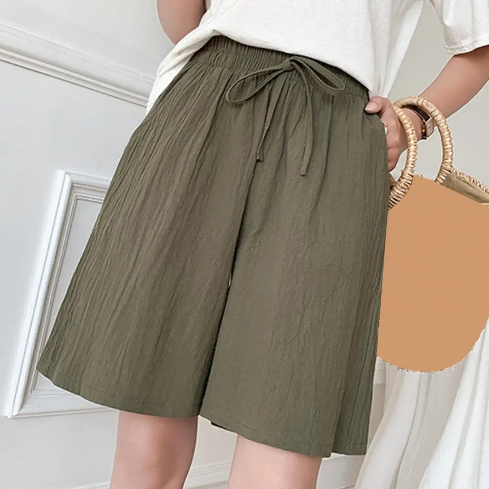 Wide Leg Loose Short Pants Women Summer Casual Shorts Elastic Waist Drawstring Pockets Shorts Solid Color Streetwear