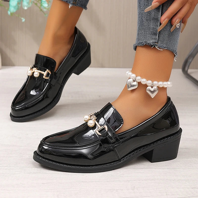 Office Ladies Patent Leather Oxford Shoes Plus Size 43 Pointed Toe Thick Heel Pumps Women British Style Slip On Student Shoes
