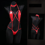 Women Patent Leather Harness Lingerie with Heart Choker Open Back Crotch Less Erotic Bodysuit Intimate Club Wear for Night Party