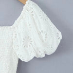 Puff Sleeve Cotton White Lace Dress Women Summer 2025 Square Collar Vintage Beach Short Dress Petite Flower EmbrioderyDress