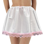 Women Summer Satin A-Line Short Skirt Lace Trim Solid Color Bow Puffy Drape Elastic Waistband Mini Skirts