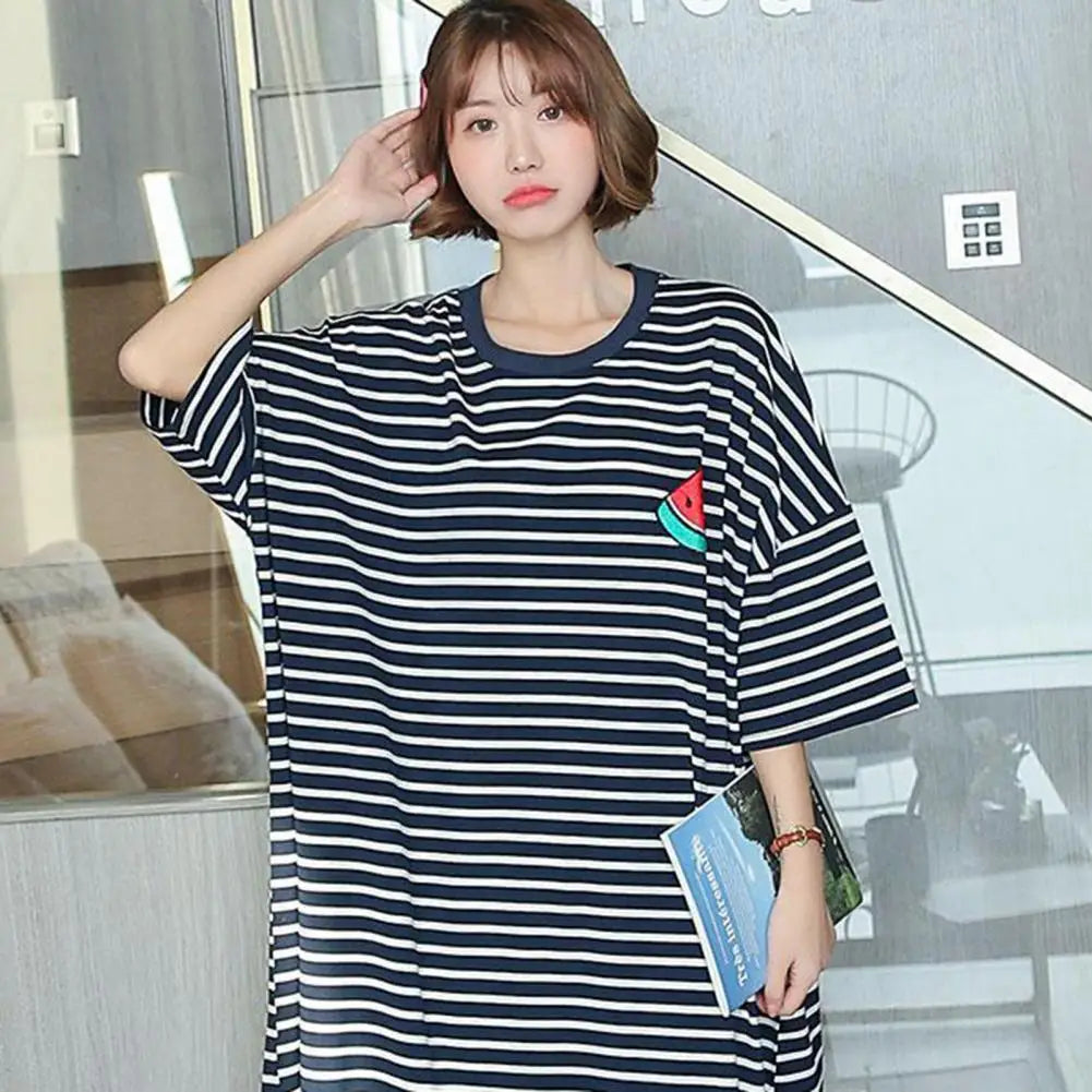 Women Summer Nightdress Short Sleeve Loose Breathable Comfortable Sleeping Polyester Stripes Print Night Robe Women Clothing