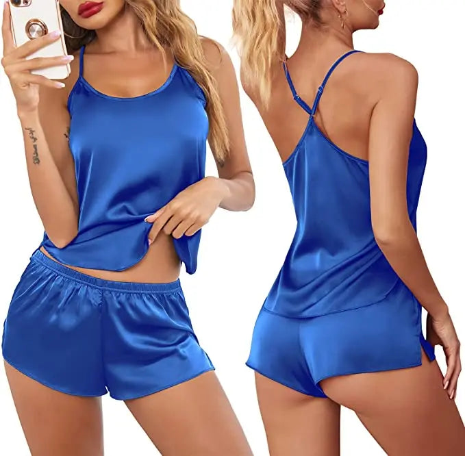 Summer New Ice Silk Spaghetti Strap Sexy Women Pajamas Pure Color Thin Section Fashion Sleepwear