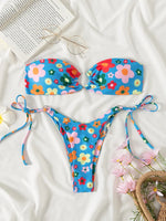 Sexy Bandeau Bikini 2025 Women Pink Floral Print Ring Circle Push Up Micro Swimsuit Off Shoulder Bathing Suit Thong Swimwear