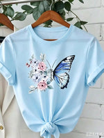 1-Piece Set--Women's Round Neck Chrysanthemum Floral Print T-Shirt Top, Fashion Anti-Wrinkle Cotton T-Shirt