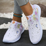 2025 Fashion Crystal Platform Sneakers Women Plus Size Slip On Flowers Printed Flats Woman Breathable Soft Sole Wakling Shoes