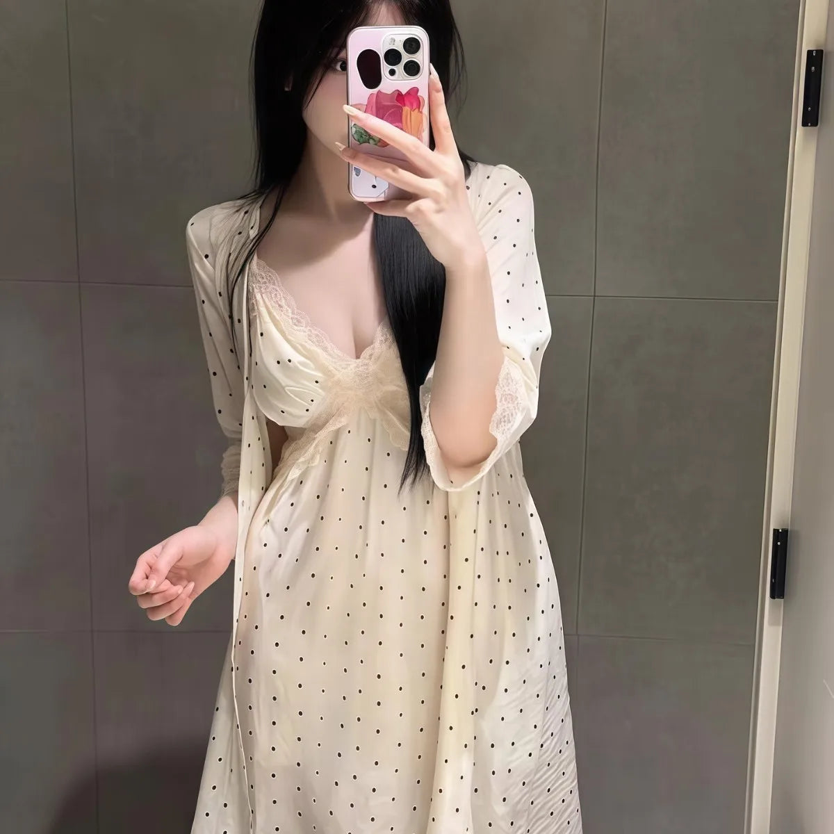 Cute Dress Sexy Charming Pointed Collar Suspender Nightgown Women Summer Satin Fabric V-neck Lace Pajama Set for Home Wear NEW