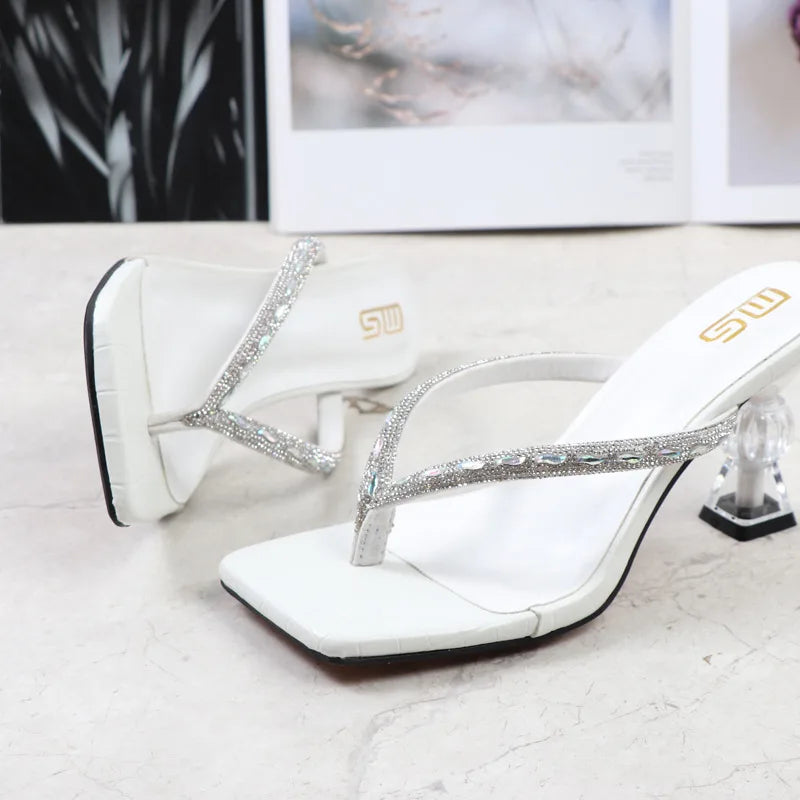 2025 Summer Flip Flops Crystal Slides Women 8cm High Heels Mules Crystal Glitter Block Low Heels Slippers Glitter Platform Shoes