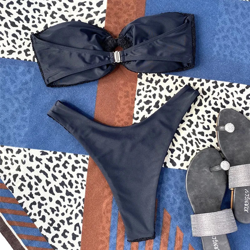Sexy Fishnet Strapless Bandeau Bikini Women Swimsuit Female Swimwear Two-pieces Bikini set High Cut Bather Bathing Suit Swim