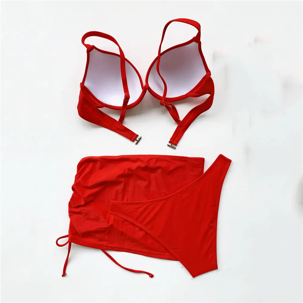 Red Push Up 3 Bikini Set Women 2026 Swimwear Mesh Cover Up High Cut Sexy Swimsuit Female Bathing Suit Bathers Swim Bikinis Mujer