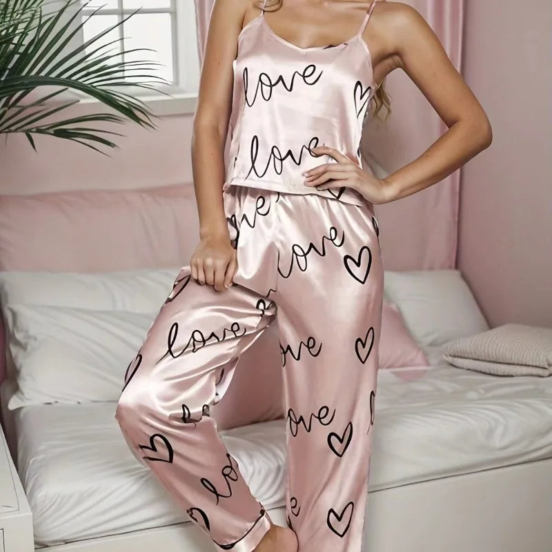 Women's Satin Floral Pajama Sets with Spaghetti Strap Tops and Long Pants Sleepwear 2 Piece Sleeveless Home Clothes Loungewear