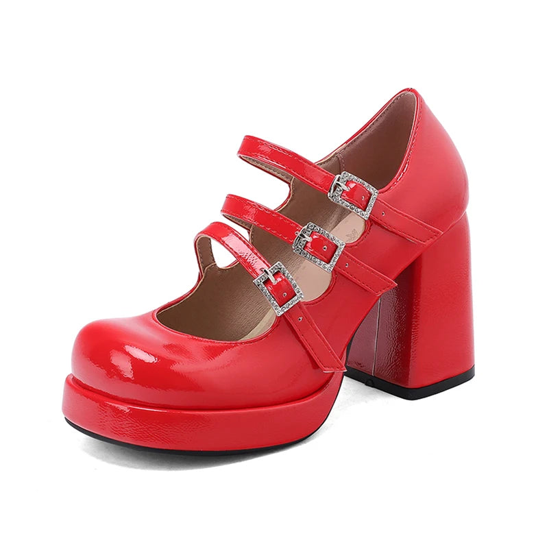 Plus Size Women Red Patent Leather Platform Mary Jane Shoes 3 Rhinestone Buckle Straps Chunky BlockY2K Lolita Party Pumps