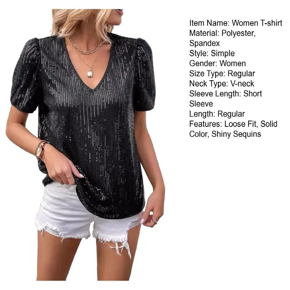 Shiny Sequins Tee Shirt Women T-shirt V-Neck Short Sleeve Loose Fit Summer Sexy Tops Holidays Parties Wear