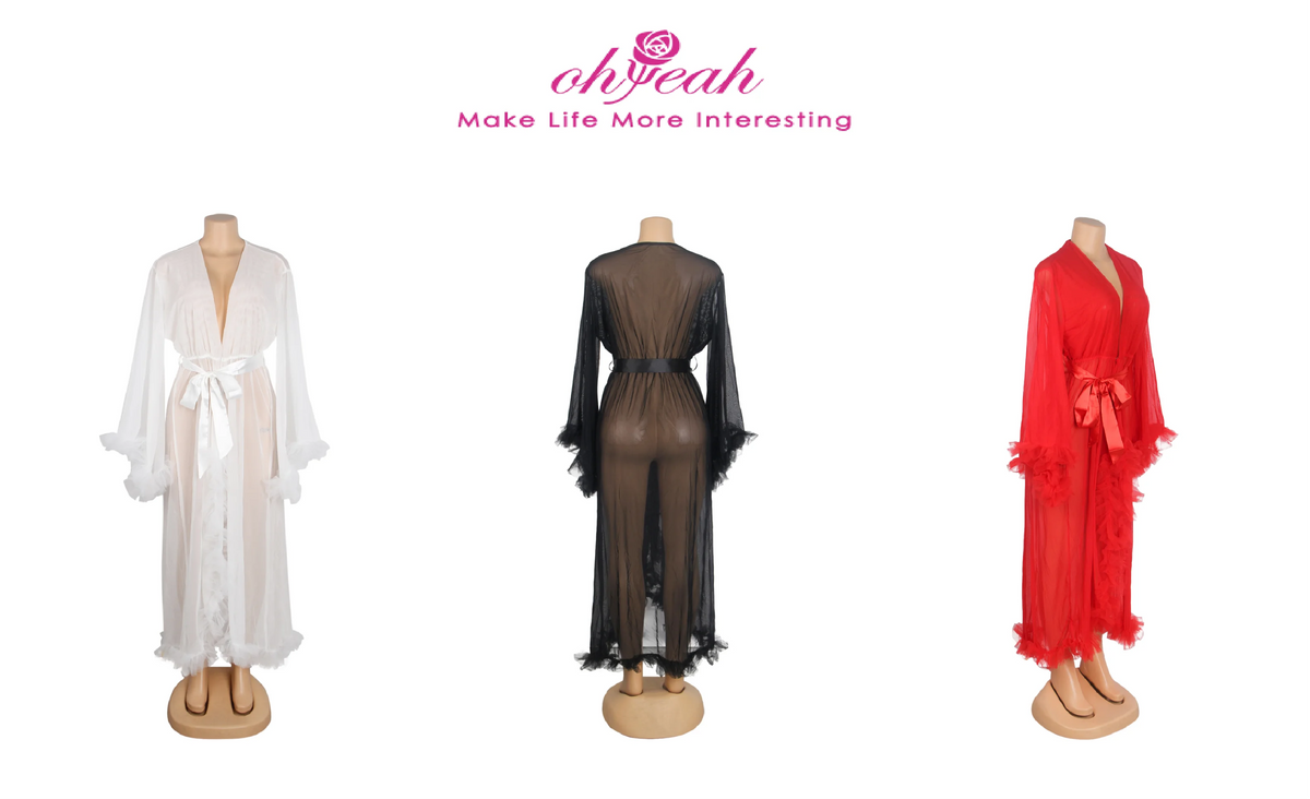 White Mesh Long Robe for Women Sexy See Through Sleepwear Plus Size Ruffled Belted Nightgown Lingerie