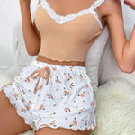 Summer Lace V-Neck Pajama Set for Women Sleepwear Sexy Nighties Cami Top Printed Shorts Soft Pyjamas Loungewear