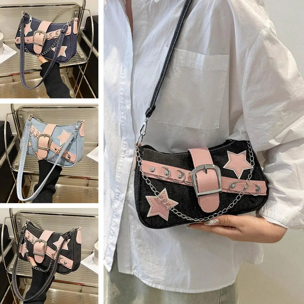 Fashion Women's Handbags Denim Stars Pattern Cool Girls Underarm Bag Female Small Shoulder Hobo Bags Chain Tote Bag