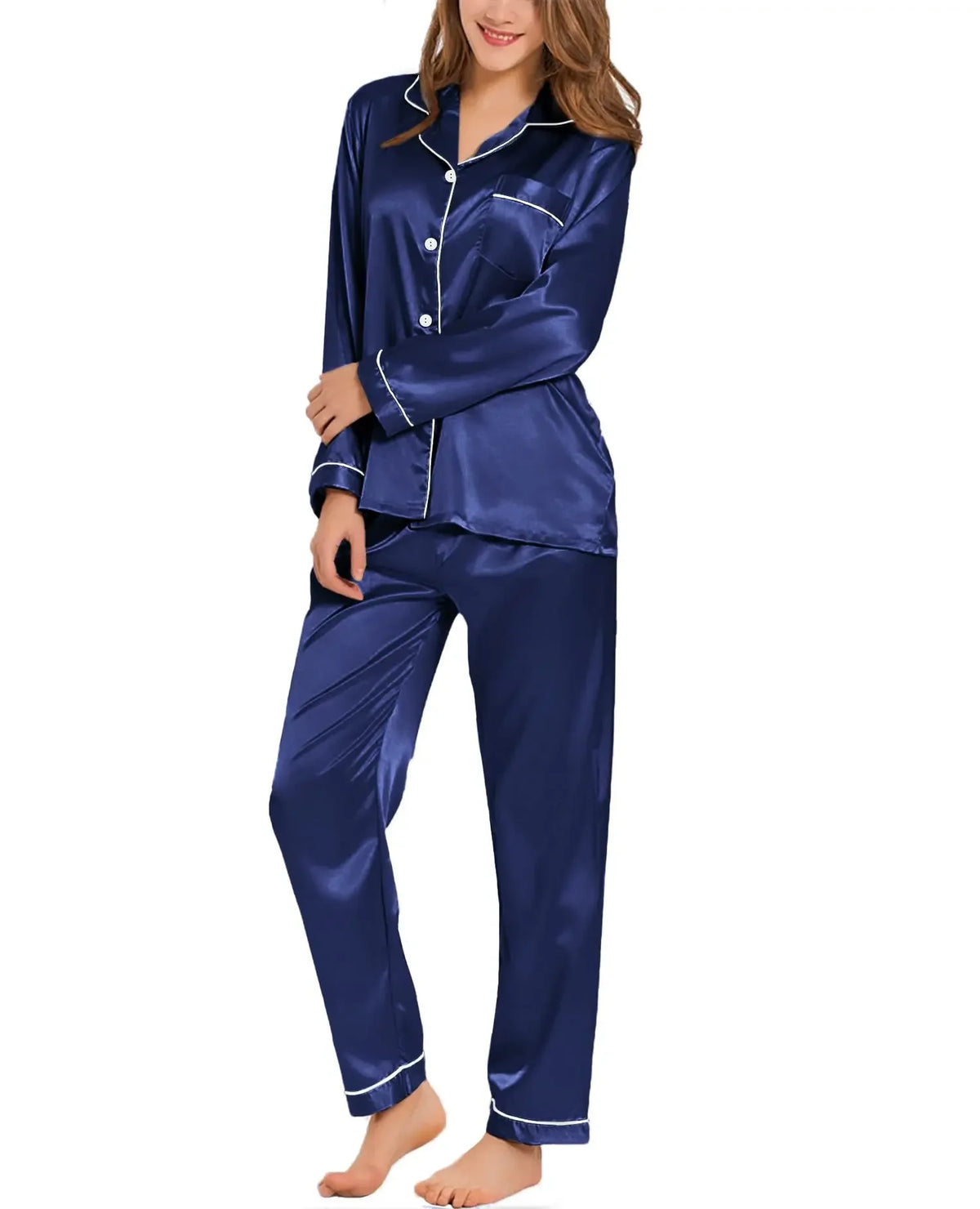 Womens Silk Satin Pajamas Loungewear Two-piece Sleepwear Button-Down Full Sleeve LongSet