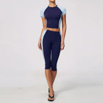 Color Blocking 2PCS Yoga Set Women's Tracksuit Short Sleeve O Neck Sports T Shirts High Waist Cropped Pants Tight Fitness Suits