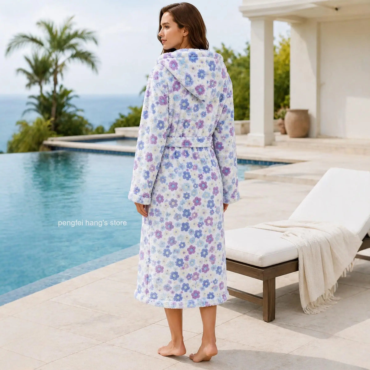 Women Floral Print Coral Fleece Hooded Bathrobe Autumn Winter Thick Warm Long Robe Soft Cozy Casual Home Sleepwear Loungewear