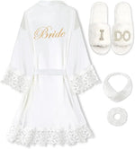 4 Pcs Bride Robe for Wedding Day Set Bridal Robe with Slippers Lace Trim Wedding Robe for Bridal Bachelorette Party