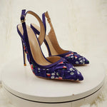 NoEnName_Null-Blue satin women's high heel sandals, dance, flowers, Silk patterned high-heeled shoes 12cmBanquet shoes