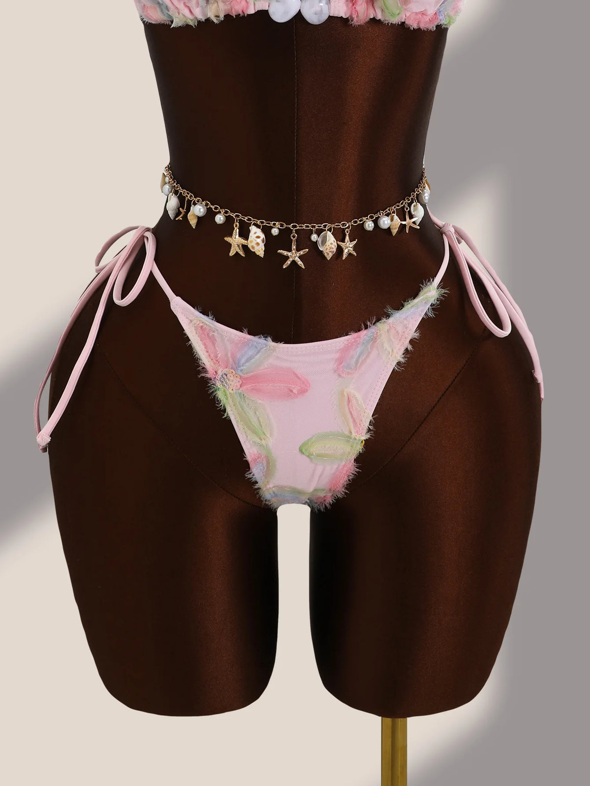 DEKA 3 Piece Brazil Triangle Bikini Set Vintage Pink Floral Embroidery Cover Up Women Halter Push Up Thong Swimsuit Bathing Suit