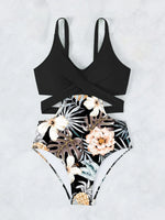 One Piece Swimsuit Women Vintage Green Floral Print Hollow Out Backless High Waist Bikini 2025 Bathing Suit Bandage Swimwear