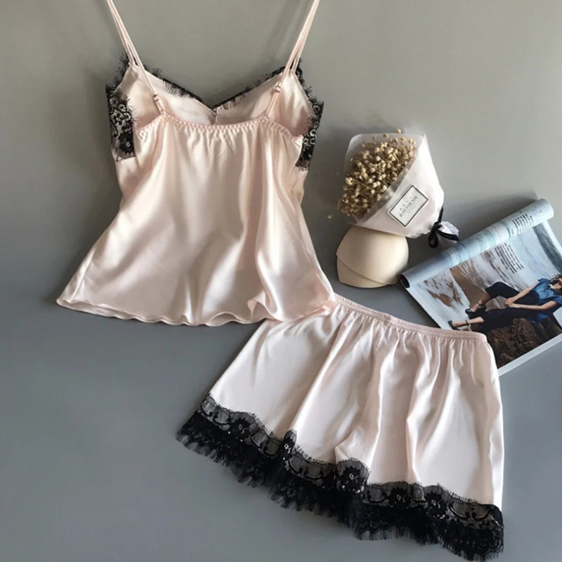 Women Summer Sleepwear Sexy Lace Satin Pajama Sets Lingerie Nightwear Sleeveless Tops+Shorts 2 Pcs Sets Loungewear