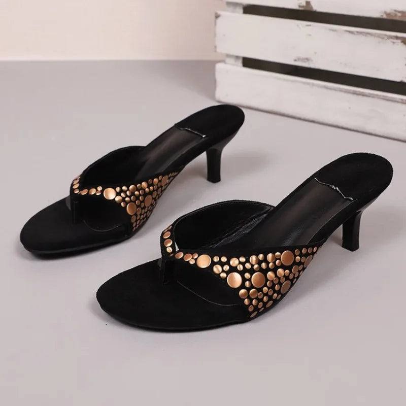 2026New Retro Rivet Suede Stiletto Fashion Herringbone Sandals and Slippers Women's Feet All-match High-heeled Women's Shoes
