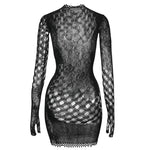 Women Sheer Mesh Long Sleeve Beach Cover Up, Sexy See-Through Fishnet Dress, Solid BodyconFor Summer Beach Party