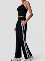 New Contrasting Striped Yoga Sets Women Hanging Neck Slim Sports Vest Gym Outfits High Waist Pocket Pants Running Fitness Suits