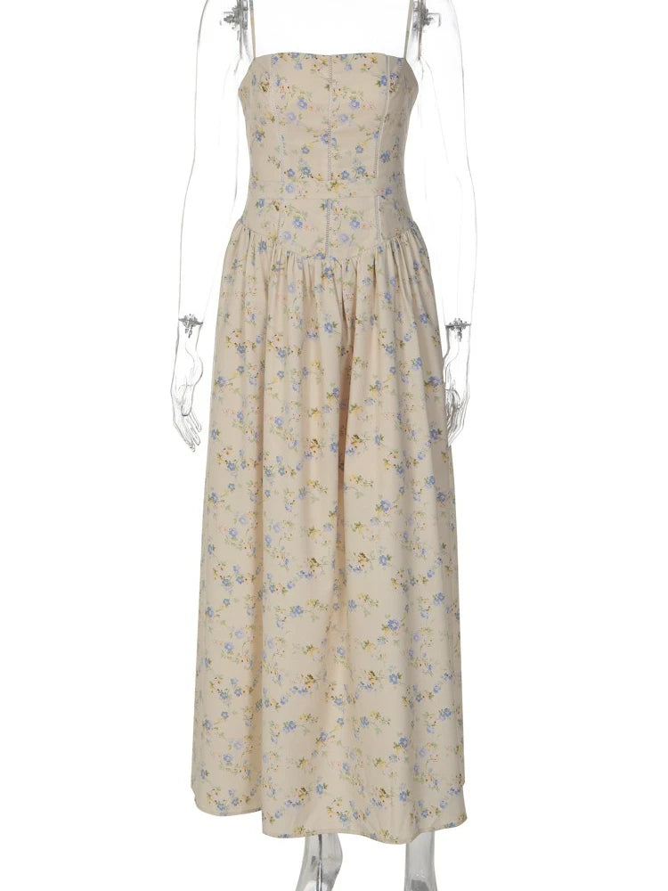 FDYOUI 2026 Summer Spaghetti Strap A-line Floral Vacation Dress for Women Elegant High Waist Tunics Long Party Evening Dresses