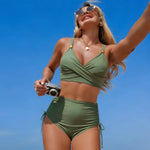 Vintage Drawstring Side High Waist Bikini Set 2026 Black Metal Strap V Neck Cross Push Up Swimwear Beach Bathing Suit Swimsuit