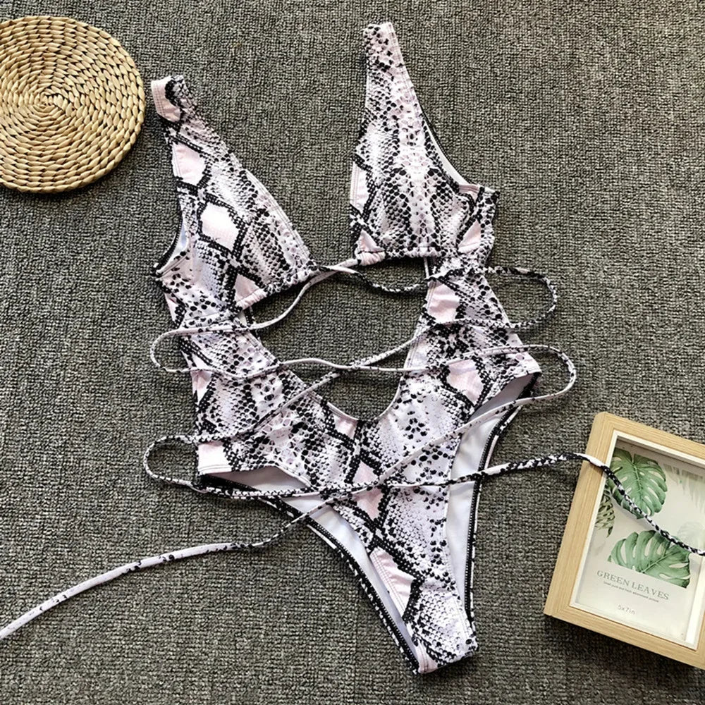 6 Colors New Sexy One Piece Swimsuit Swimwear Women Leopard Snakeskin Print Hollow Cross Straps One-piece Bathing Suit Beachwear